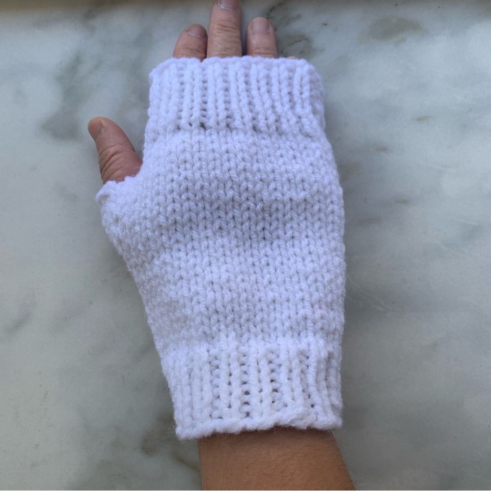 Handmade Homemade Hand Knit White Acrylic Yarn Hand Warmer Fingerless Gloves